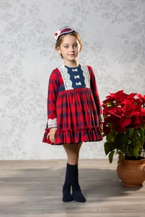 Abuela Tata AW24 - Girls Red & Navy Check Dress & Headpiece