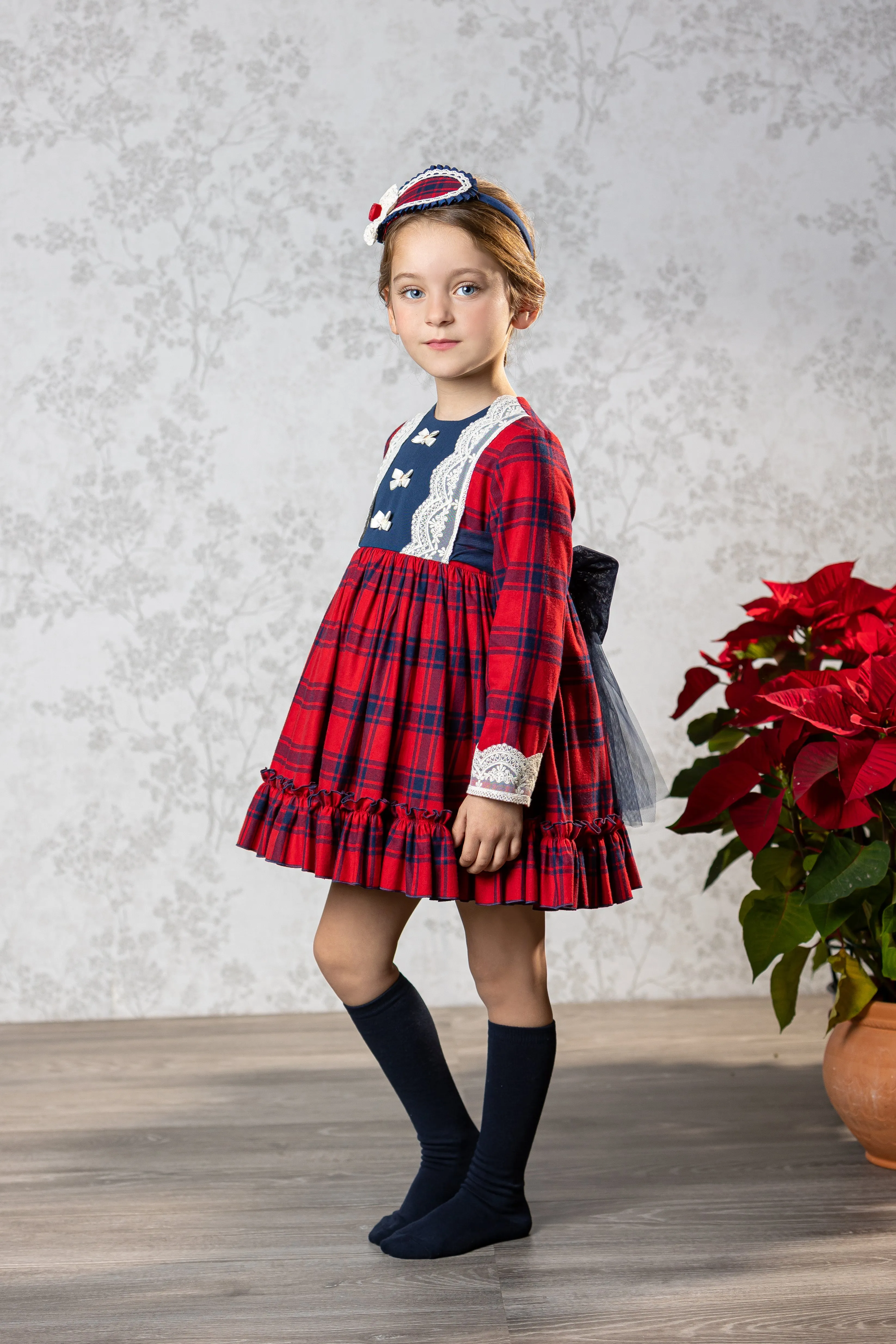 Abuela Tata AW24 - Girls Red & Navy Check Dress & Headpiece