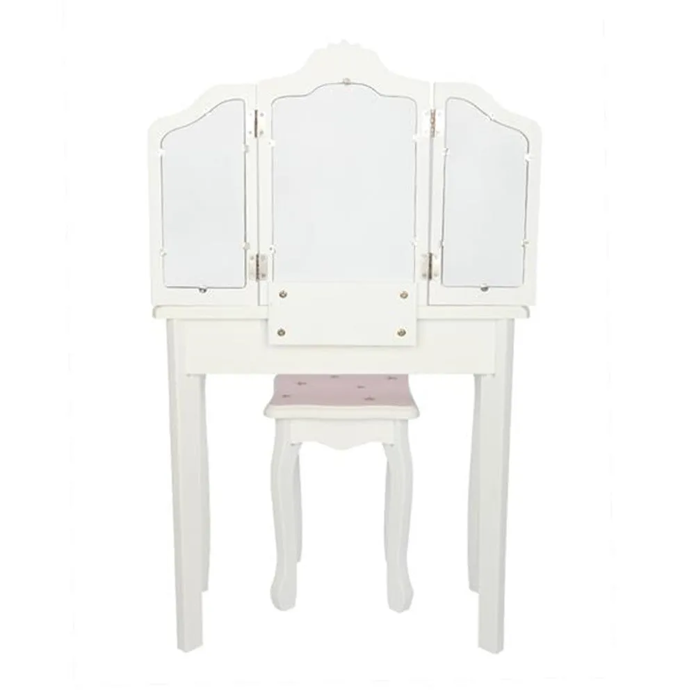 AMYOVE Children Dressing Table Set with Three-sided Folding Mirror Single Drawer Chair Pink