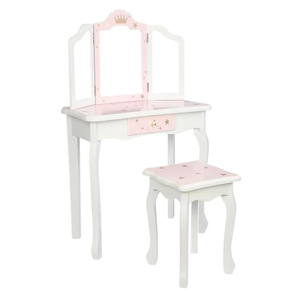 AMYOVE Children Dressing Table Set with Three-sided Folding Mirror Single Drawer Chair Pink