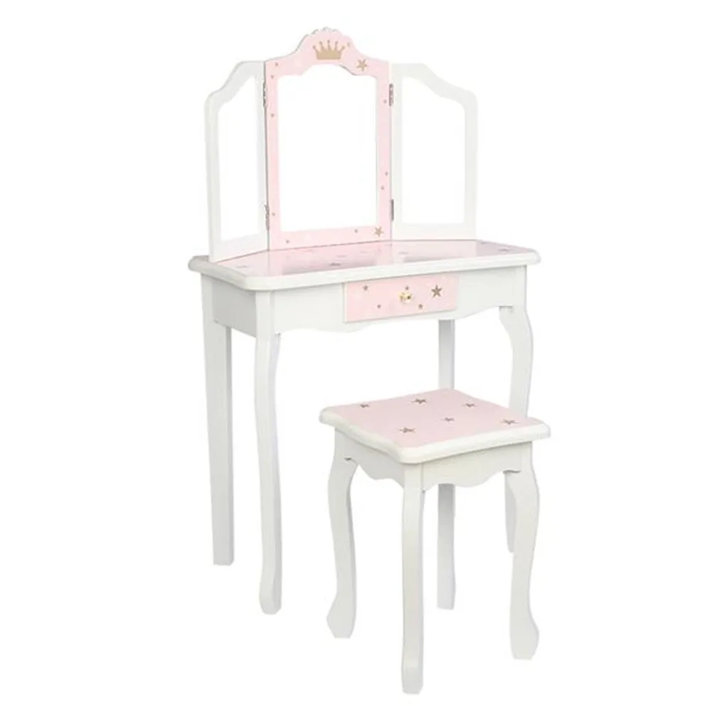 AMYOVE Children Dressing Table Set with Three-sided Folding Mirror Single Drawer Chair Pink