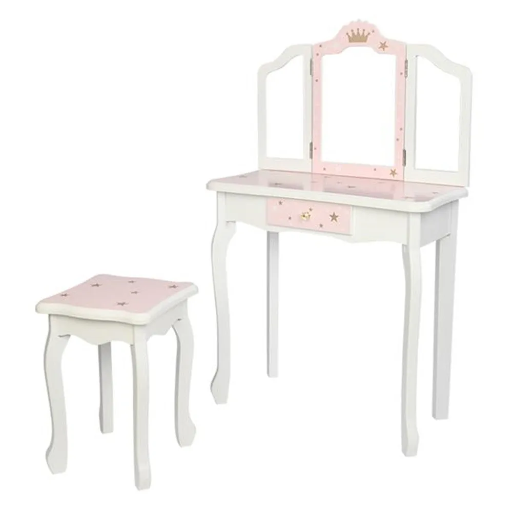 AMYOVE Children Dressing Table Set with Three-sided Folding Mirror Single Drawer Chair Pink