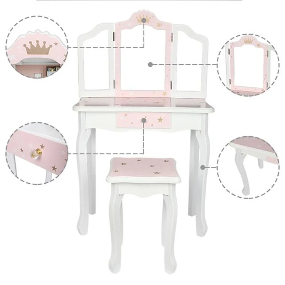 AMYOVE Children Dressing Table Set with Three-sided Folding Mirror Single Drawer Chair Pink