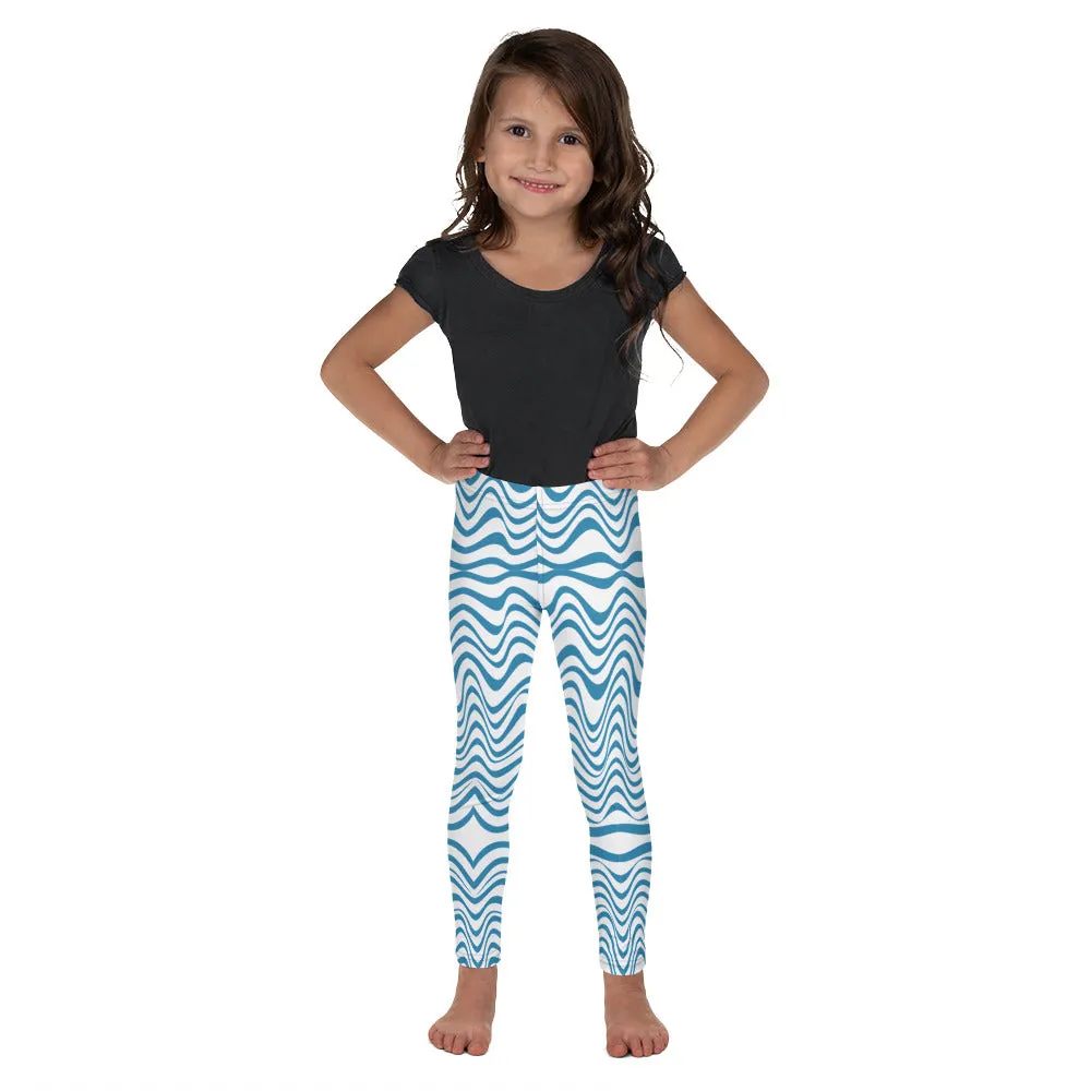 Blue Wavy Kid's Leggings, Abstract Waves Fashionable Children's Tights-Made in USA/EU