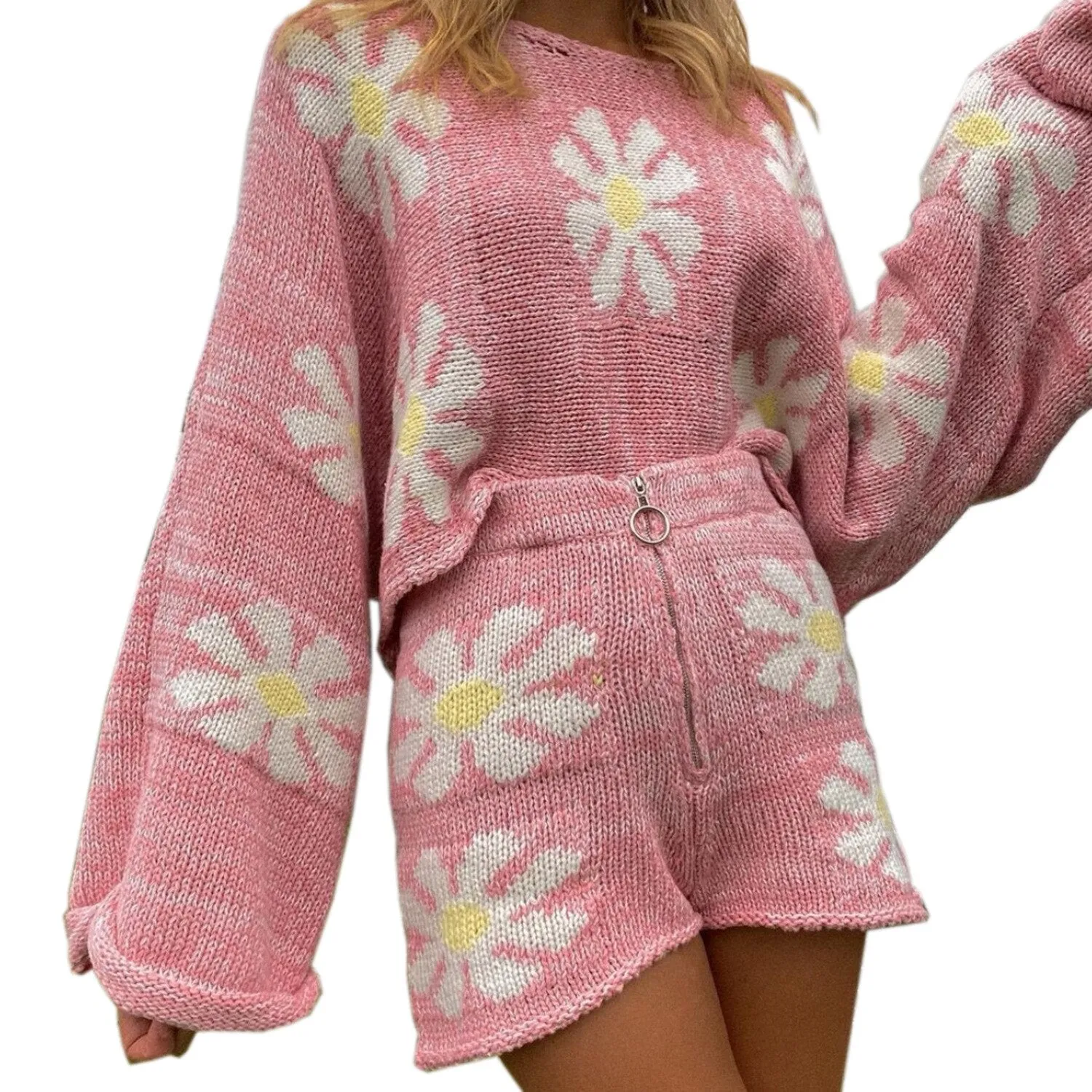 Casual Ruched Two Piece Sets Color Flower Woolen Two Piece Suit