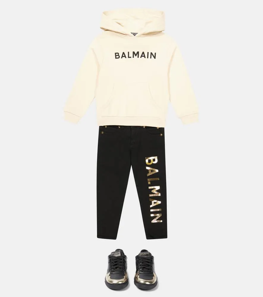 Cotton jersey hoodie with Balmain logo, beige