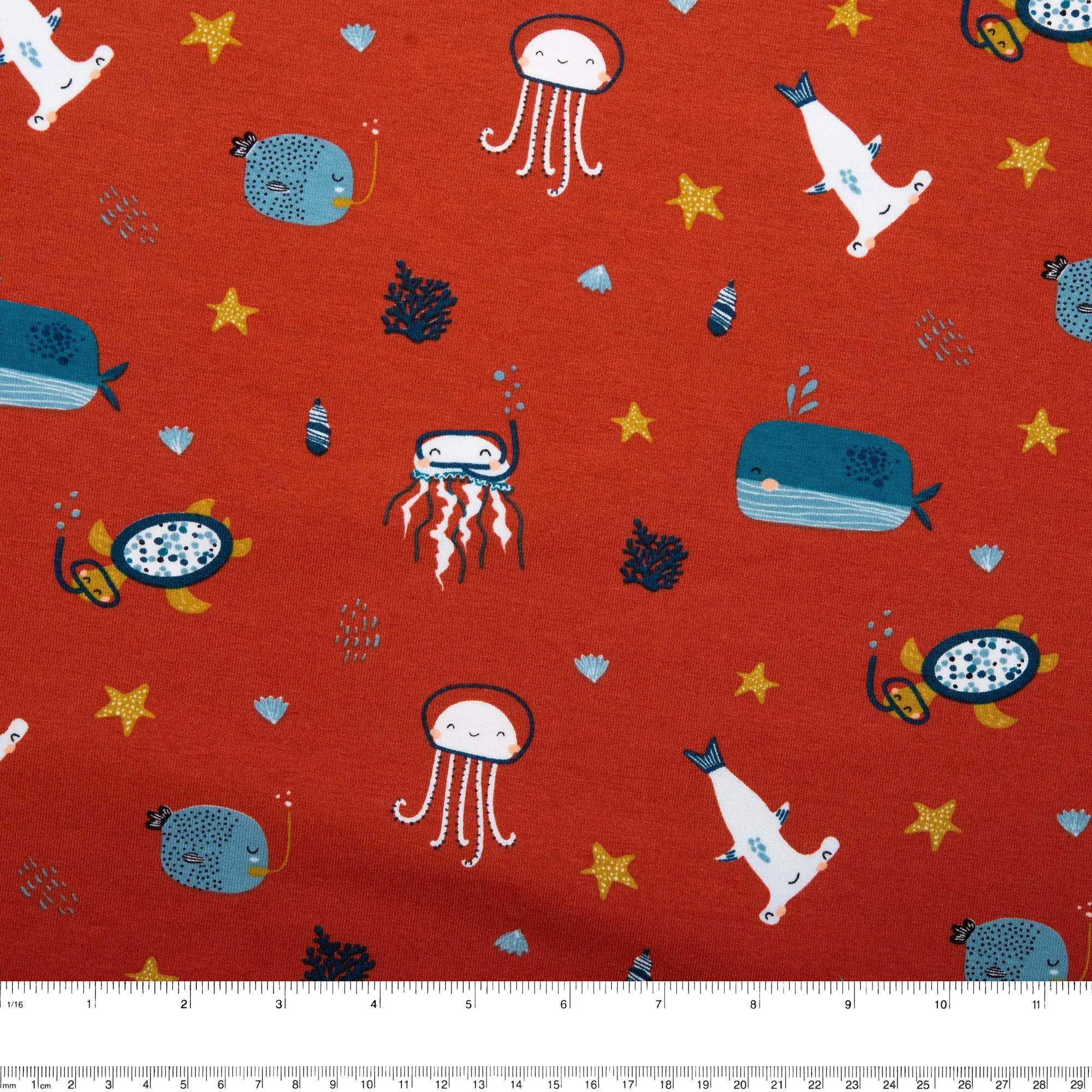 ORGANIC Cotton Lycra Printed Knit - Sea life - Copper