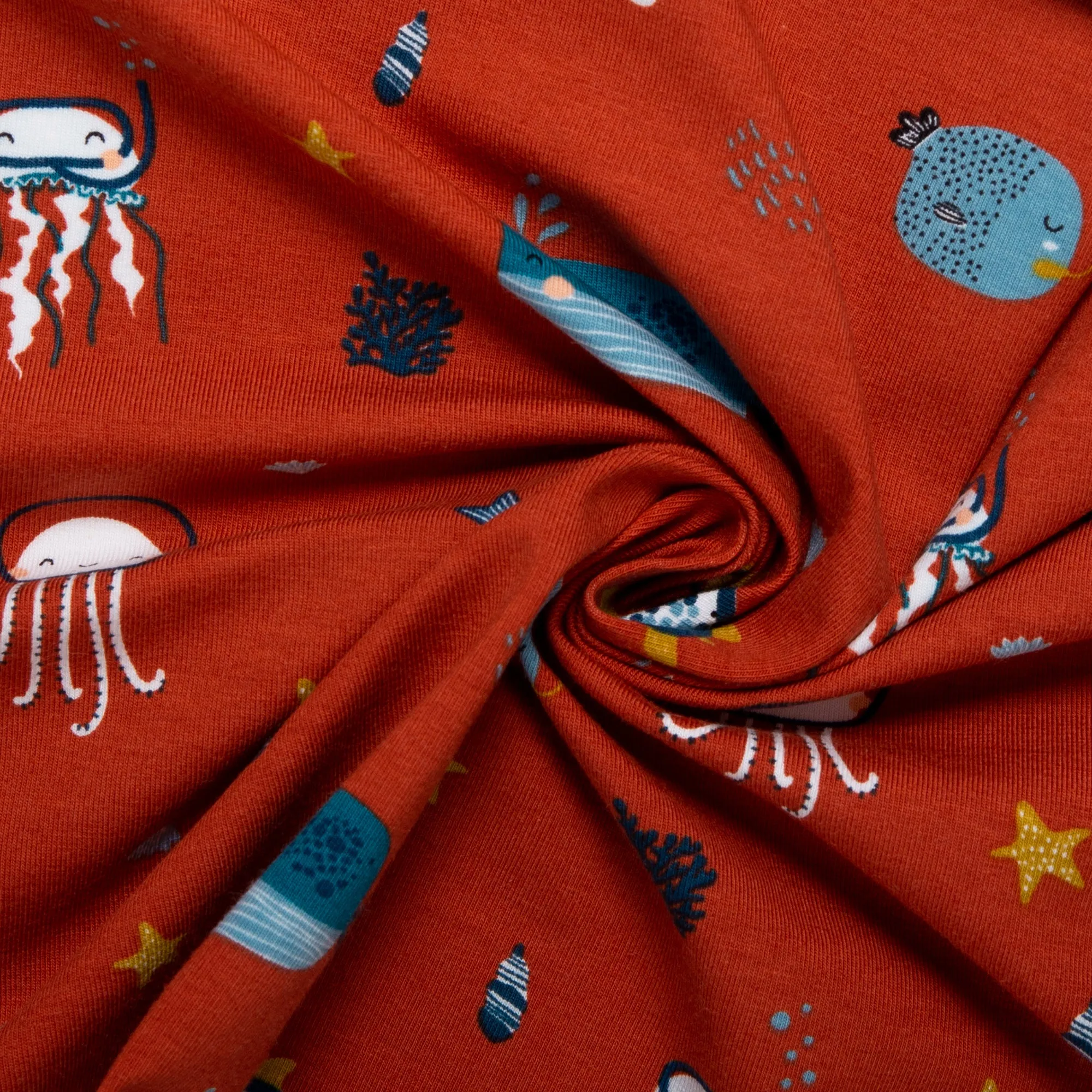 ORGANIC Cotton Lycra Printed Knit - Sea life - Copper