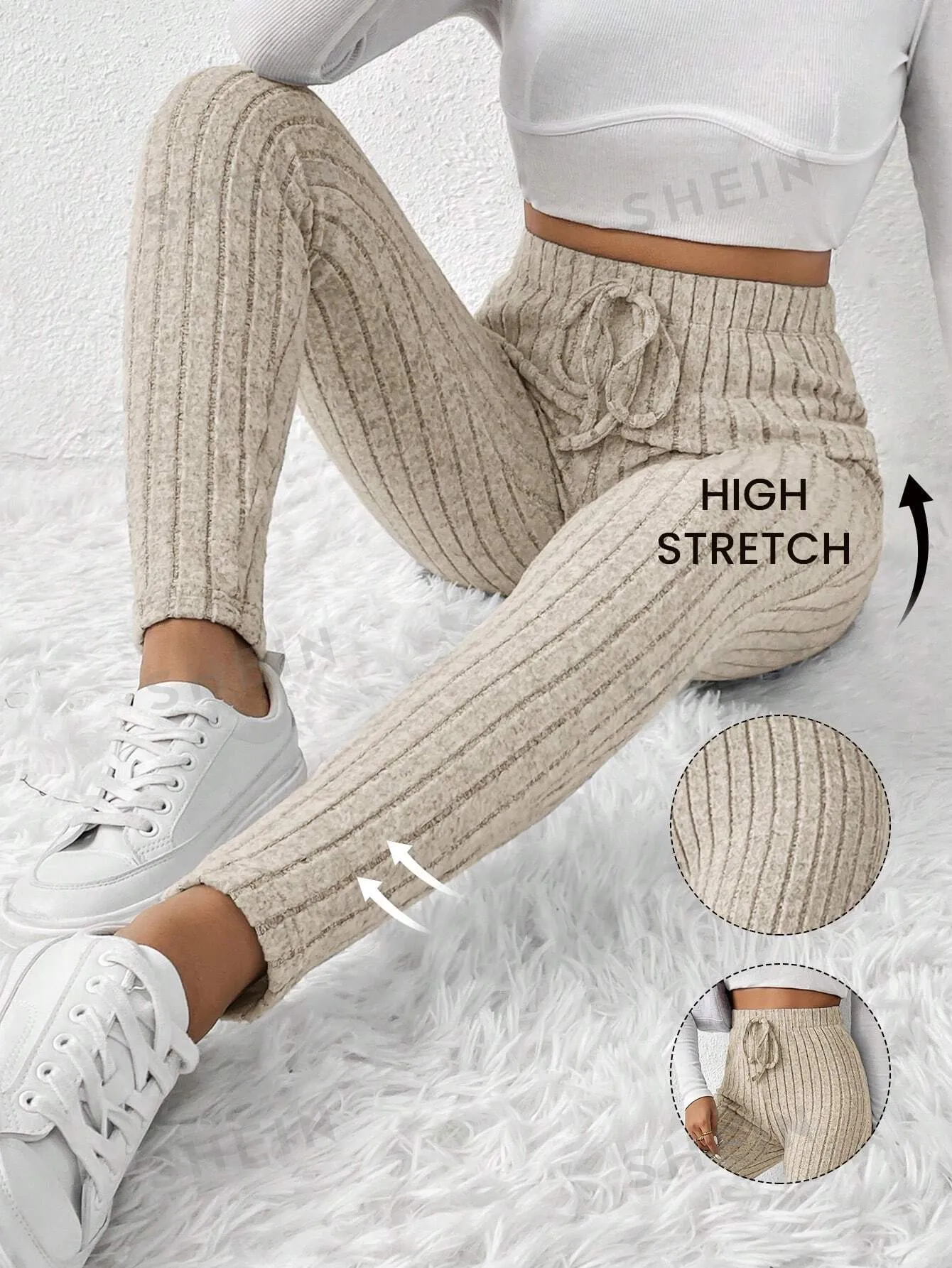 PETITE Tie Waist Ribbed Knit Bodycon Leggings