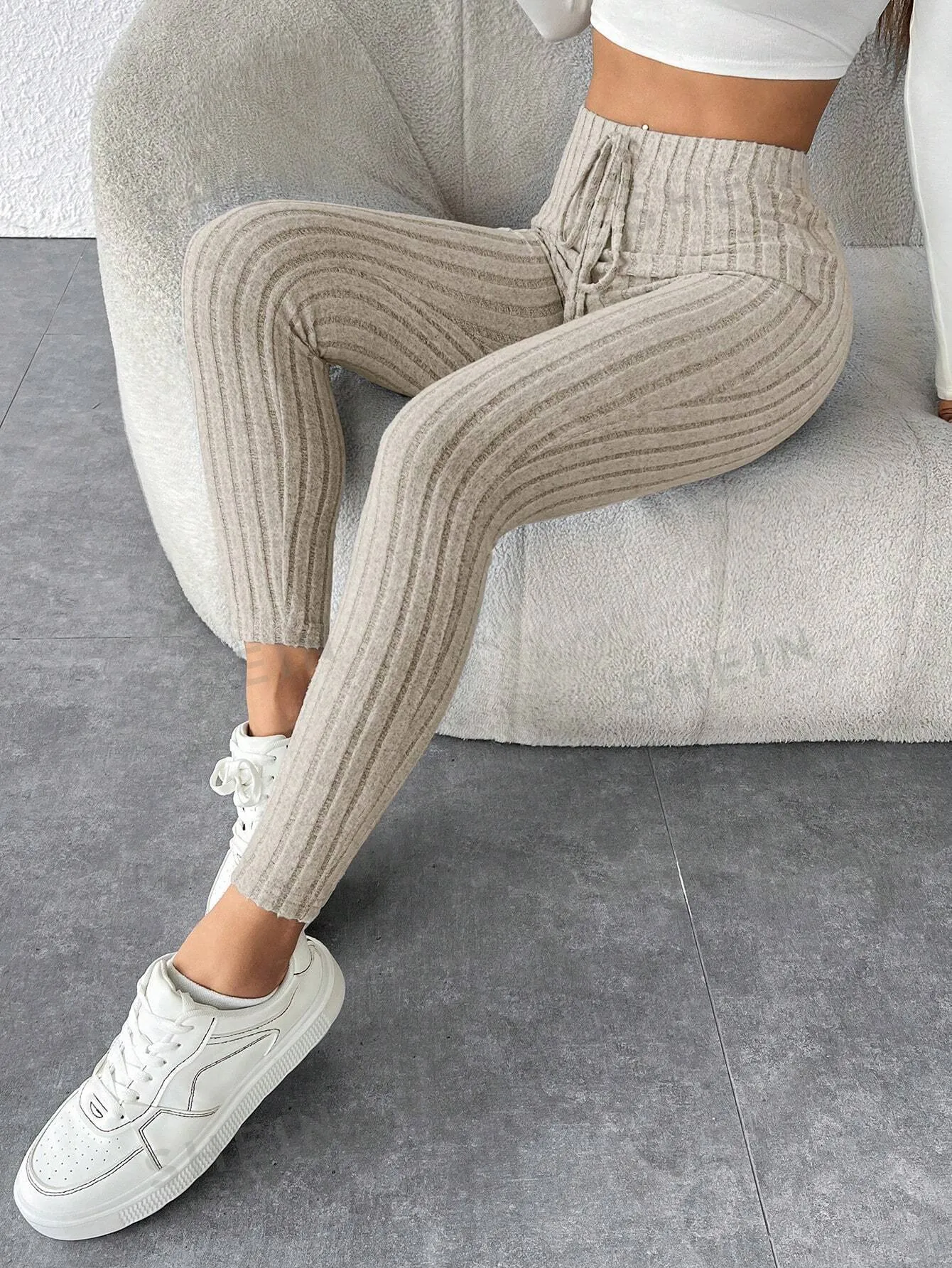 PETITE Tie Waist Ribbed Knit Bodycon Leggings