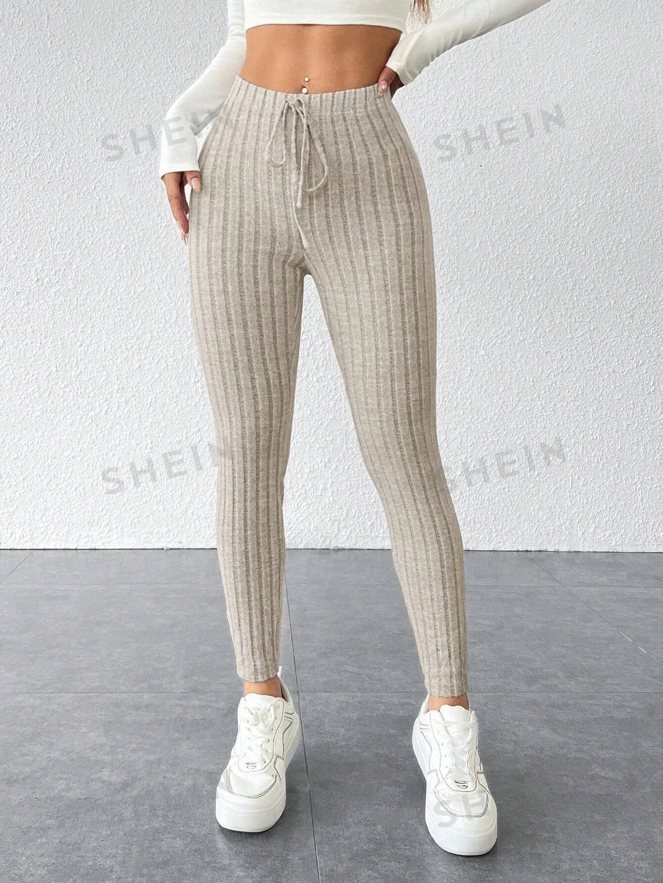 PETITE Tie Waist Ribbed Knit Bodycon Leggings