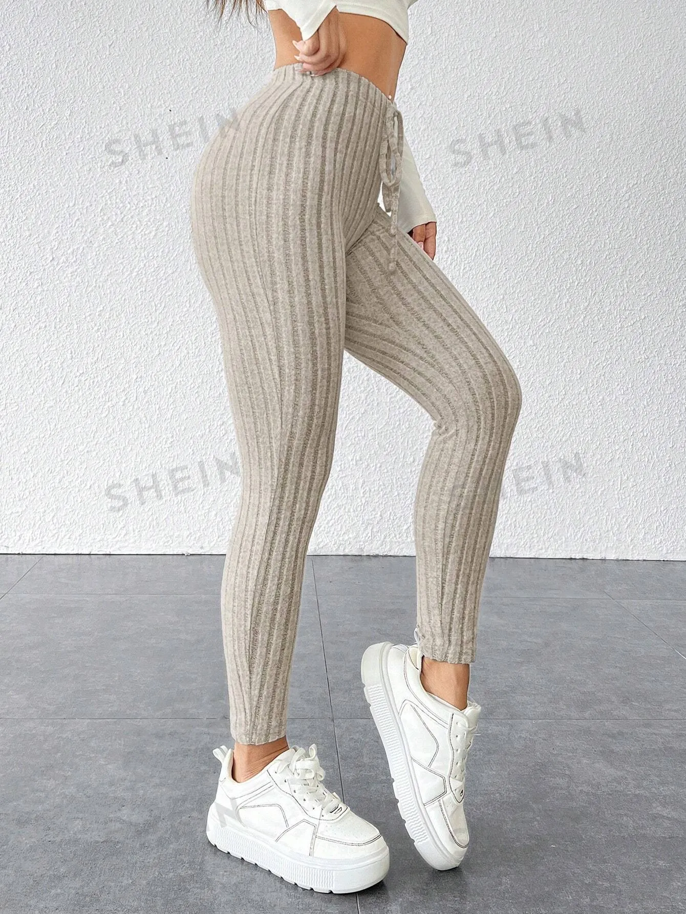 PETITE Tie Waist Ribbed Knit Bodycon Leggings