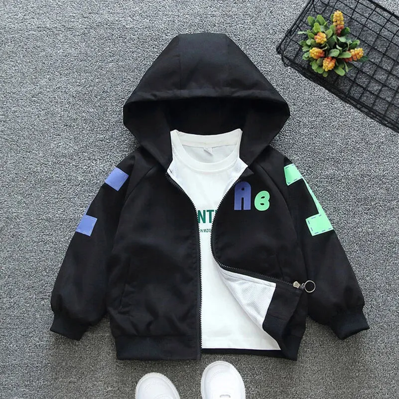 Spring and Autumn 2024 Girls and Children's Casual Black Letter Long sleeved Hooded Zipper Coat Children's Clothing